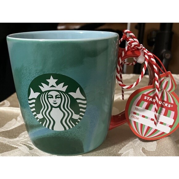 Starbucks Other - Starbucks Christmas Green Marbled Coffee Mug  12 Oz Red Handle Holiday Season